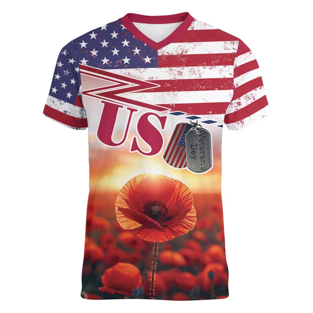 USA Veterans Day Women V-Neck T-Shirt Poppy Flowers With Flag Grunge - Wonder Print Shop