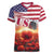 USA Veterans Day Women V-Neck T-Shirt Poppy Flowers With Flag Grunge - Wonder Print Shop