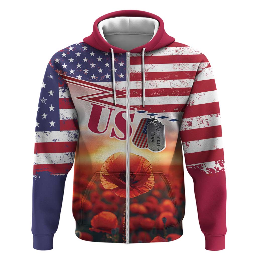 USA Veterans Day Zip Hoodie Poppy Flowers With Flag Grunge - Wonder Print Shop