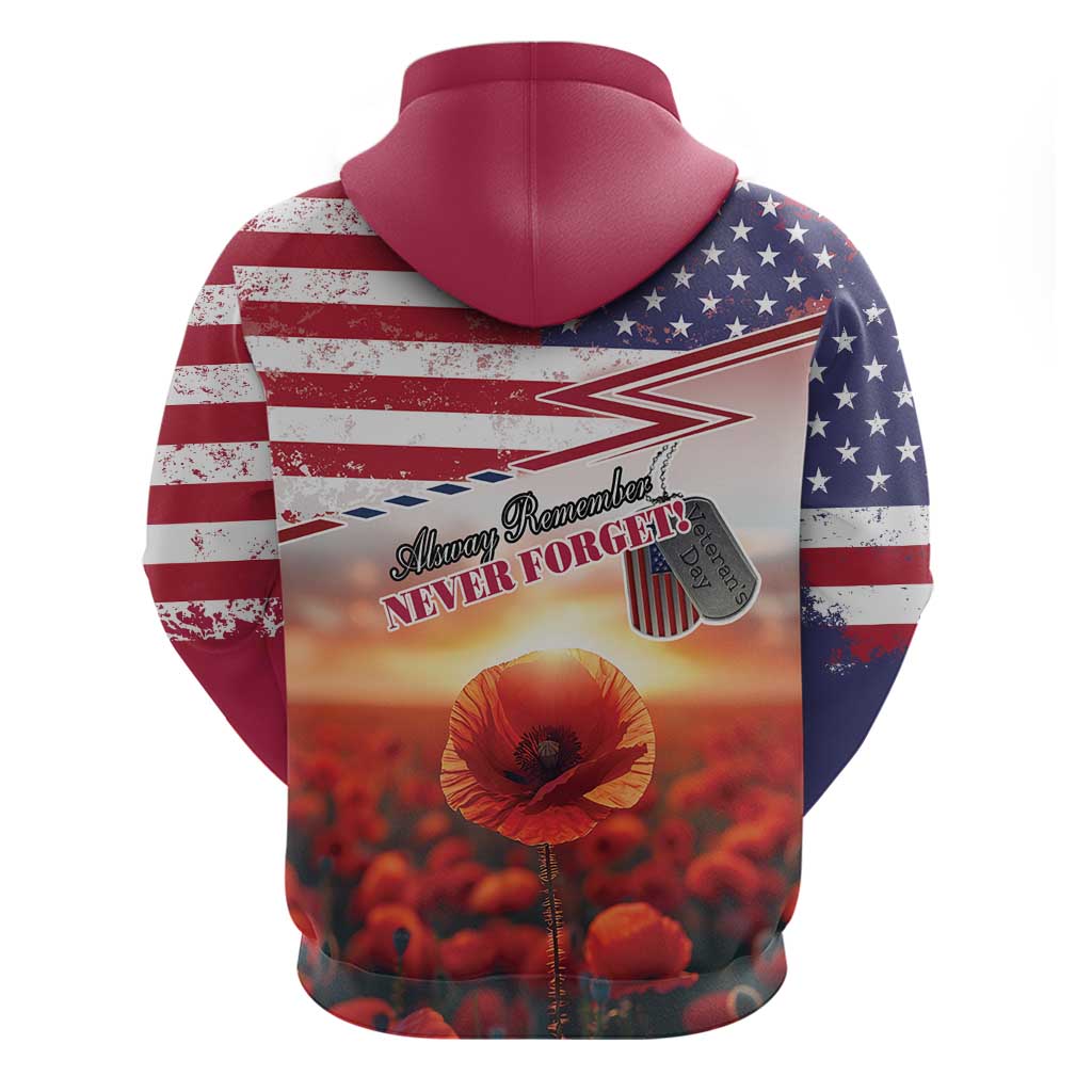 USA Veterans Day Zip Hoodie Poppy Flowers With Flag Grunge - Wonder Print Shop