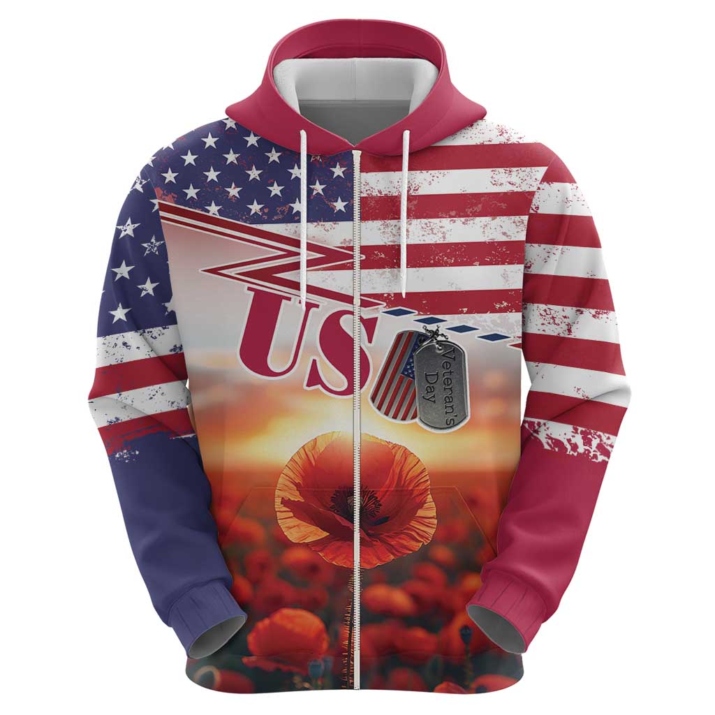 USA Veterans Day Zip Hoodie Poppy Flowers With Flag Grunge - Wonder Print Shop