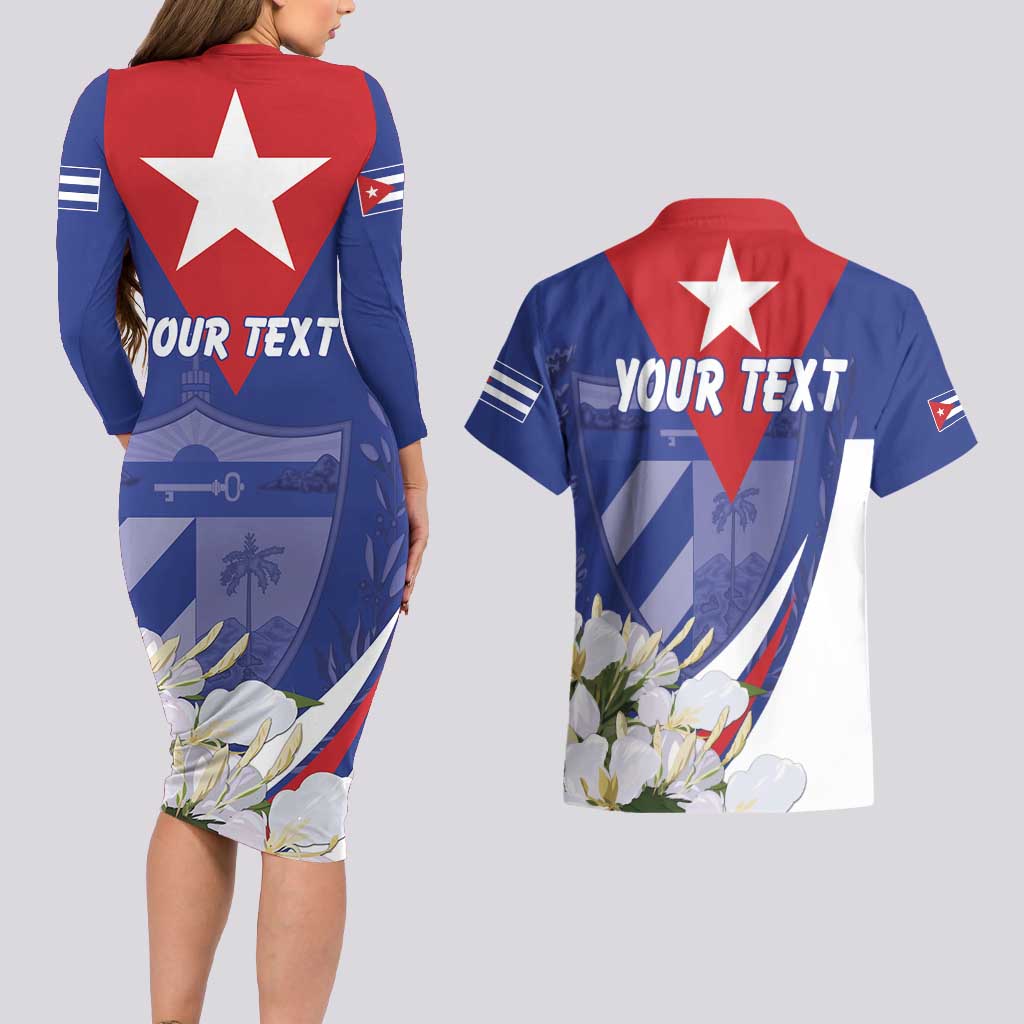 Personalized Cuba Hedychium Coronarium Couples Matching Long Sleeve Bodycon Dress and Hawaiian Shirt With Coat Of Arms - Wonder Print Shop