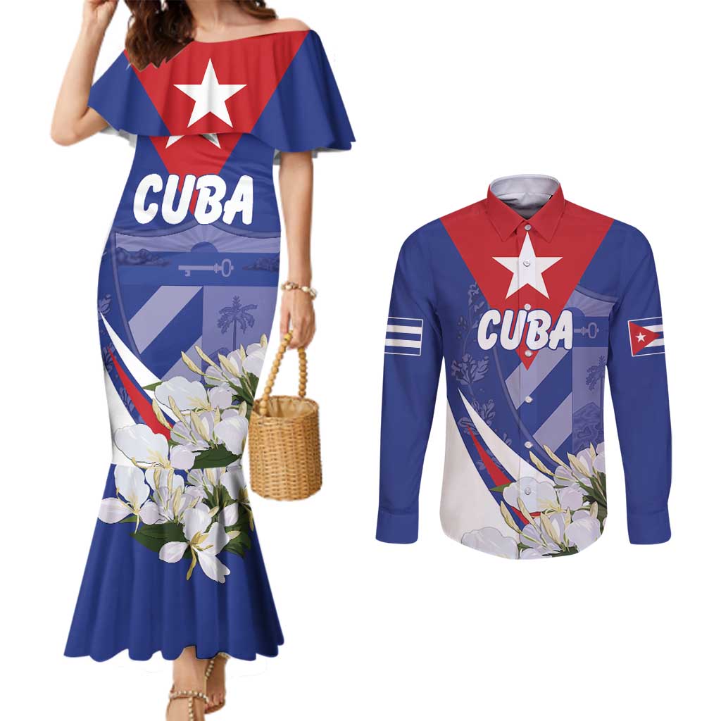 Personalized Cuba Hedychium Coronarium Couples Matching Mermaid Dress and Long Sleeve Button Shirt With Coat Of Arms