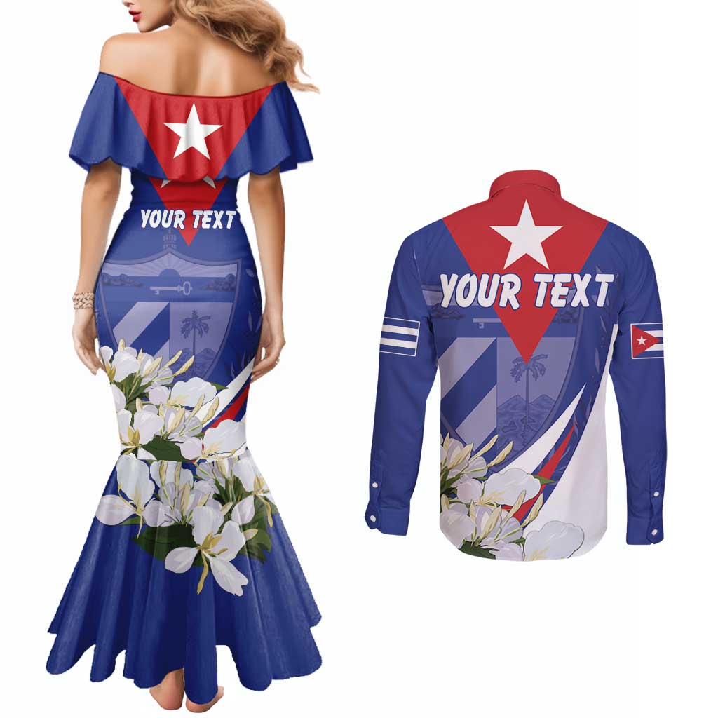 Personalized Cuba Hedychium Coronarium Couples Matching Mermaid Dress and Long Sleeve Button Shirt With Coat Of Arms