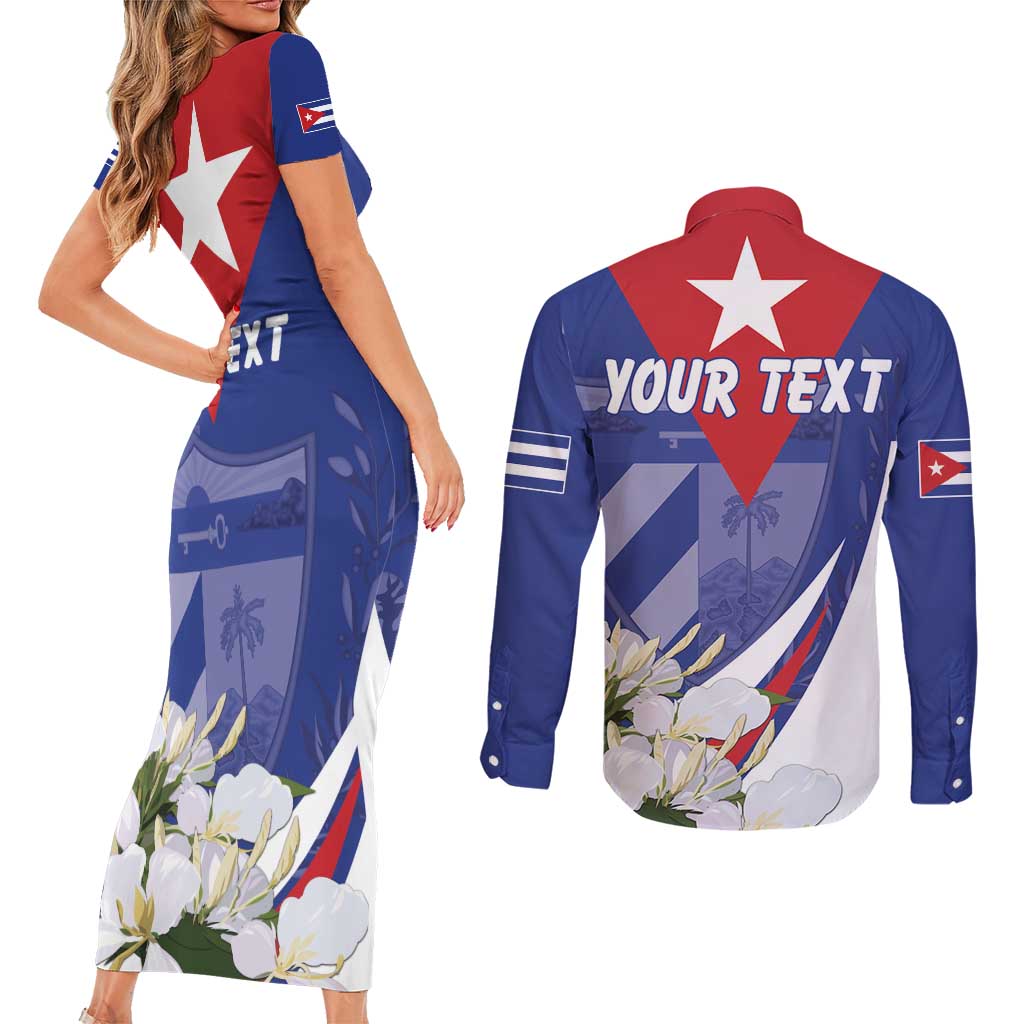 Personalized Cuba Hedychium Coronarium Couples Matching Short Sleeve Bodycon Dress and Long Sleeve Button Shirt With Coat Of Arms - Wonder Print Shop