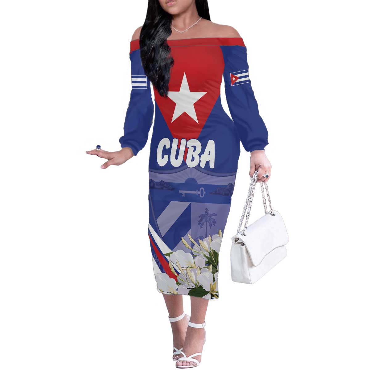 Personalized Cuba Hedychium Coronarium Family Matching Off The Shoulder Long Sleeve Dress and Hawaiian Shirt With Coat Of Arms - Wonder Print Shop