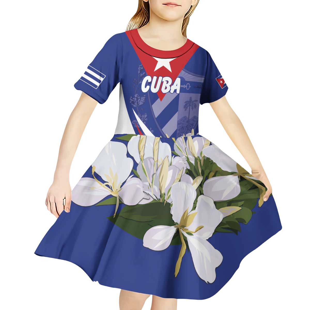 Personalized Cuba Hedychium Coronarium Kid Short Sleeve Dress With Coat Of Arms - Wonder Print Shop