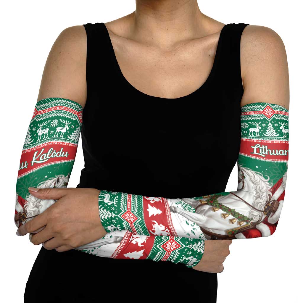 Lithuania Christmas Arm Sleeves Santa Riding White Horse Linksmu Kaledu - Wonder Print Shop