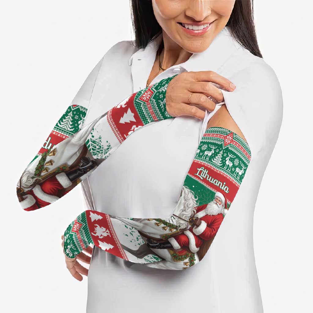 Lithuania Christmas Arm Sleeves Santa Riding White Horse Linksmu Kaledu - Wonder Print Shop