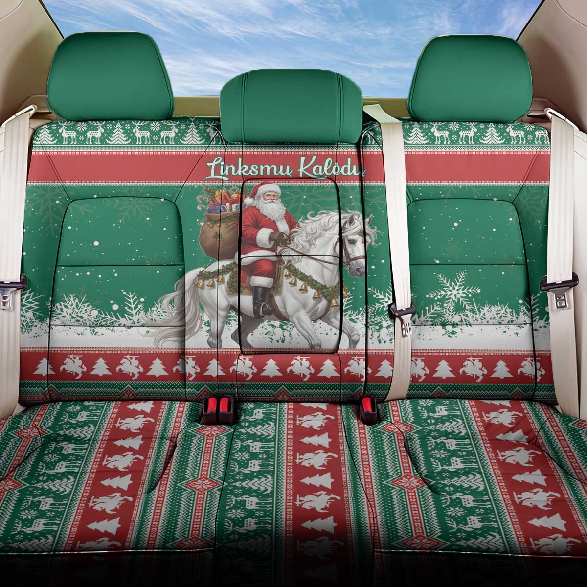Lithuania Christmas Back Car Seat Cover Santa Riding White Horse Linksmu Kaledu - Wonder Print Shop