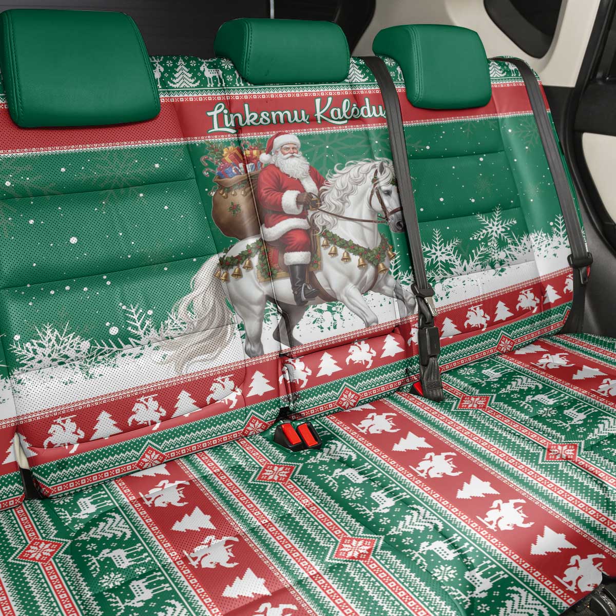 Lithuania Christmas Back Car Seat Cover Santa Riding White Horse Linksmu Kaledu - Wonder Print Shop