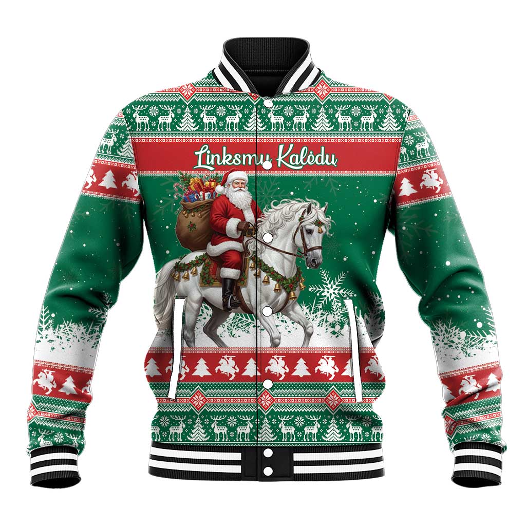 Lithuania Christmas Baseball Jacket Santa Riding White Horse Linksmu Kaledu - Wonder Print Shop