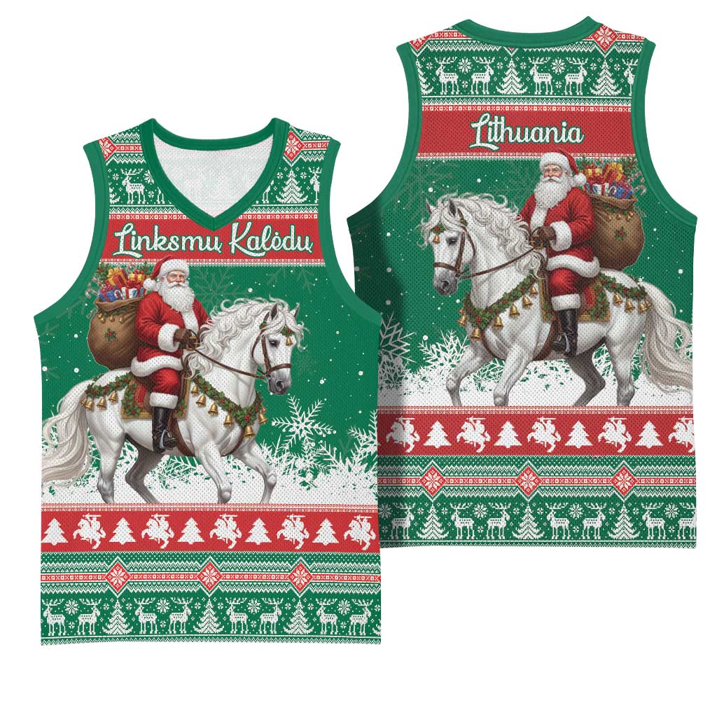 Lithuania Christmas Basketball Jersey Santa Riding White Horse Linksmu Kaledu - Wonder Print Shop