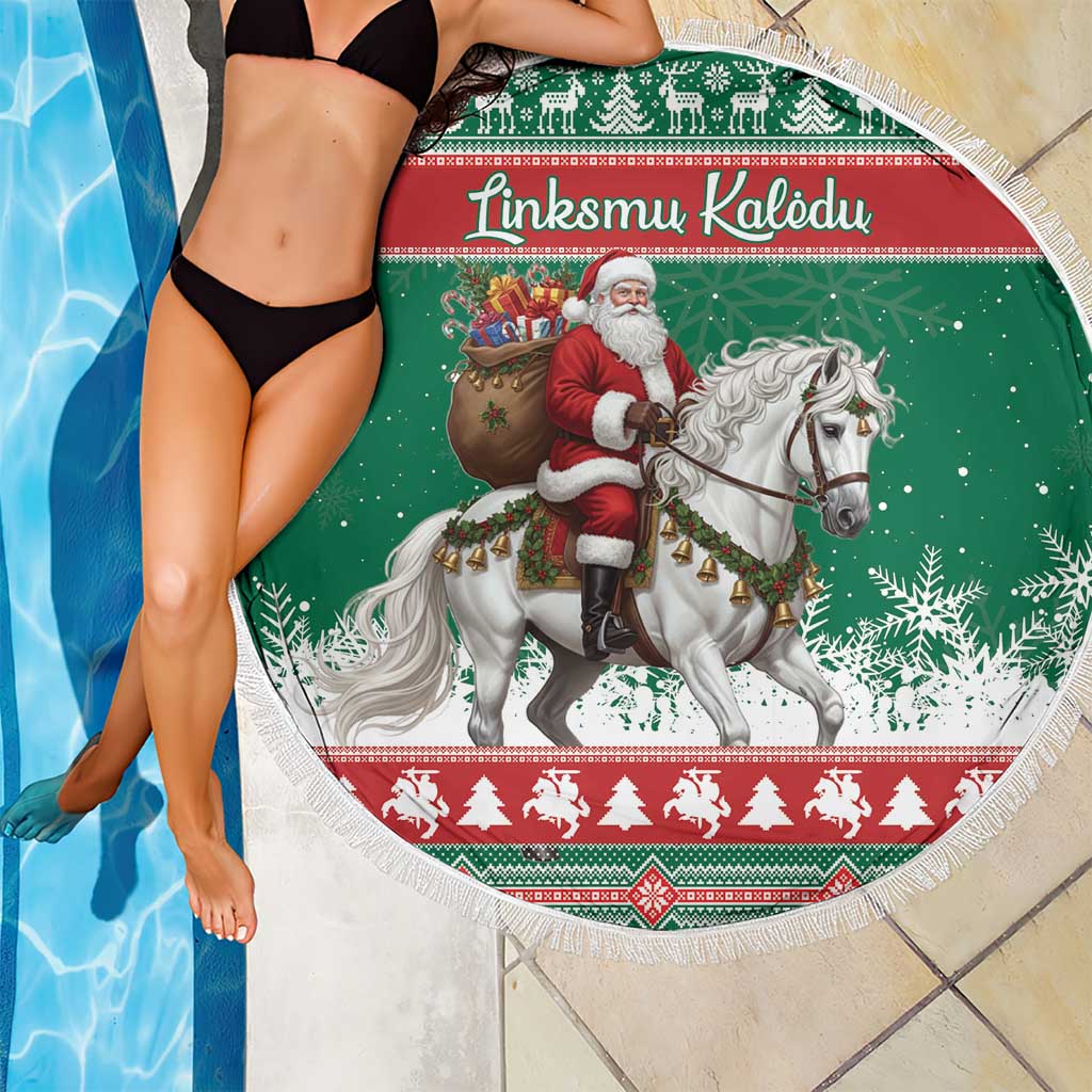 Lithuania Christmas Beach Blanket Santa Riding White Horse Linksmu Kaledu - Wonder Print Shop