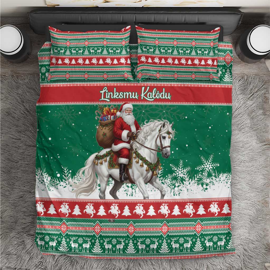 Lithuania Christmas Bedding Set Santa Riding White Horse Linksmu Kaledu - Wonder Print Shop