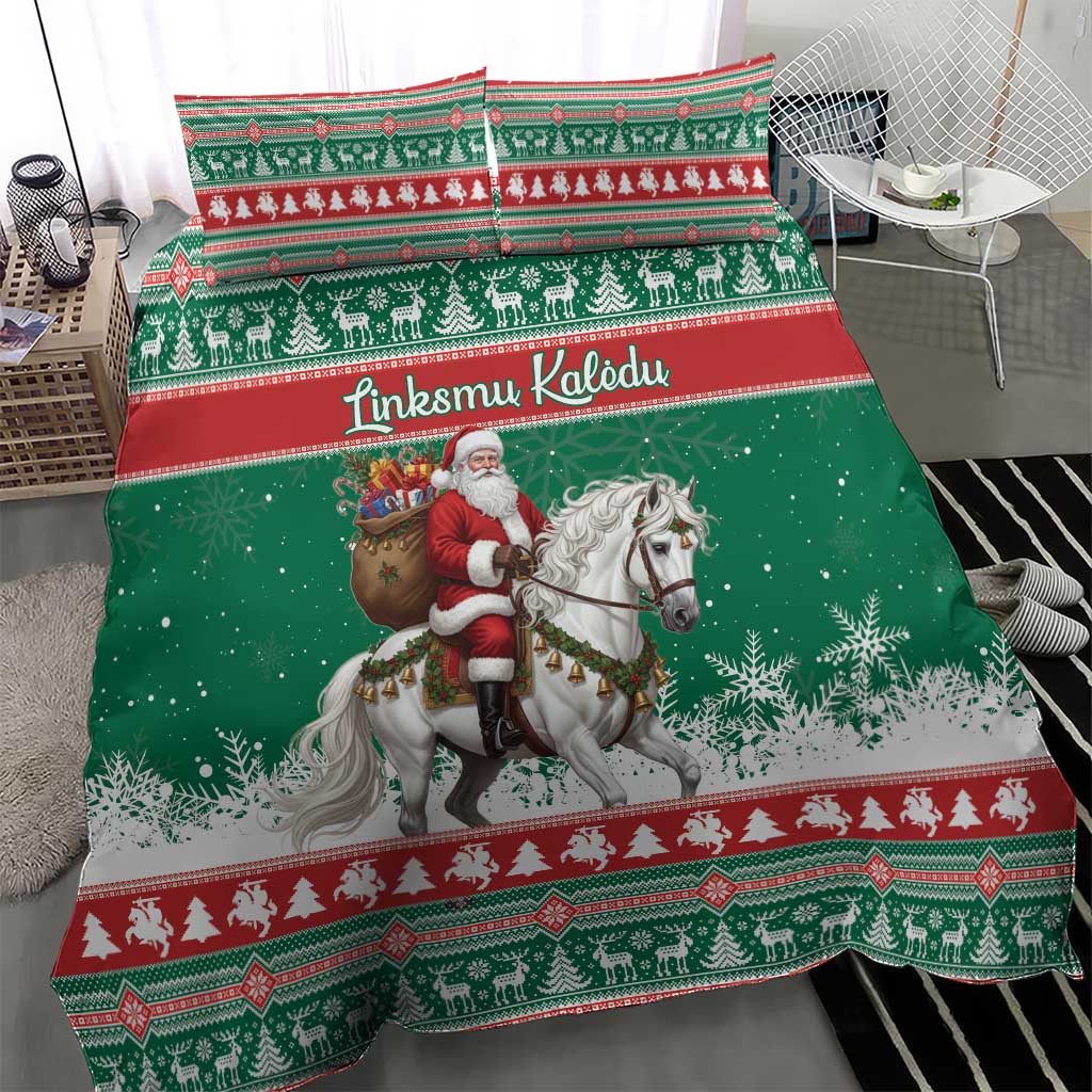 Lithuania Christmas Bedding Set Santa Riding White Horse Linksmu Kaledu - Wonder Print Shop