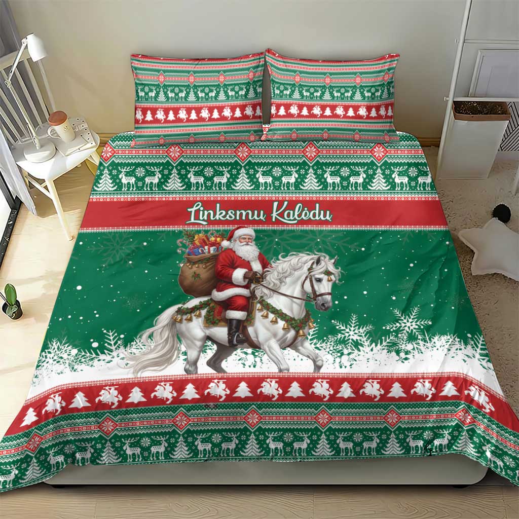 Lithuania Christmas Bedding Set Santa Riding White Horse Linksmu Kaledu - Wonder Print Shop