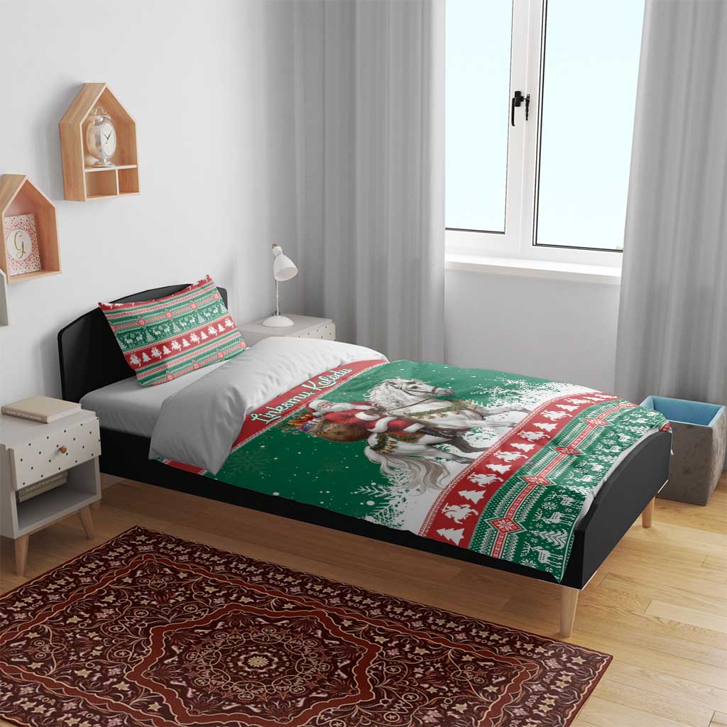 Lithuania Christmas Bedding Set Santa Riding White Horse Linksmu Kaledu - Wonder Print Shop