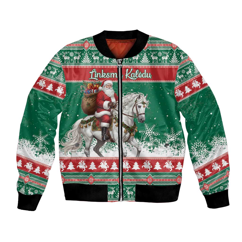 Lithuania Christmas Bomber Jacket Santa Riding White Horse Linksmu Kaledu - Wonder Print Shop
