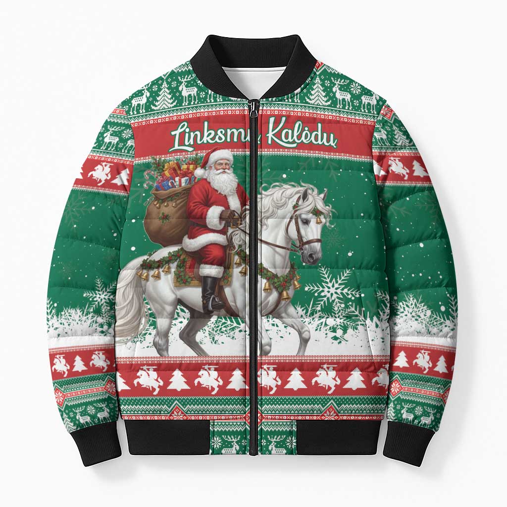 Lithuania Christmas Bomber Puffer Jacket Santa Riding White Horse Linksmu Kaledu - Wonder Print Shop