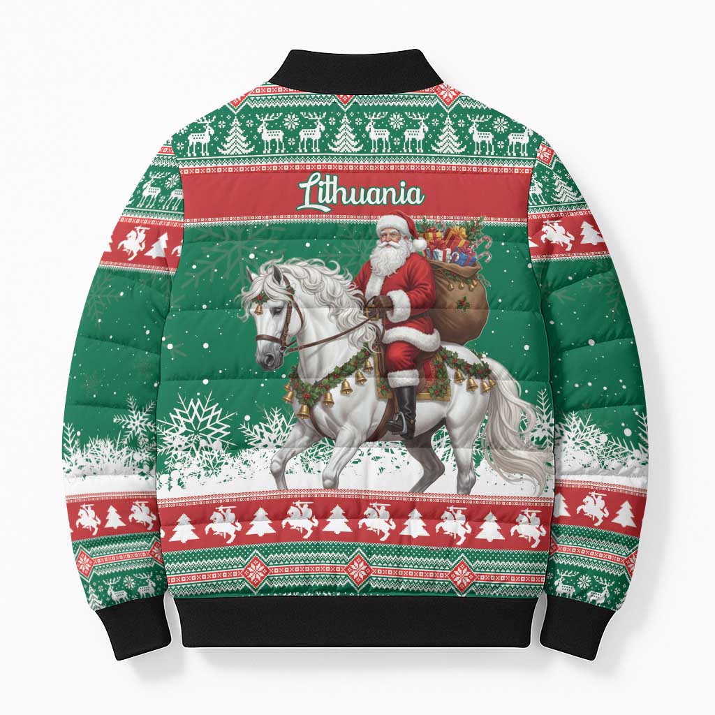 Lithuania Christmas Bomber Puffer Jacket Santa Riding White Horse Linksmu Kaledu - Wonder Print Shop
