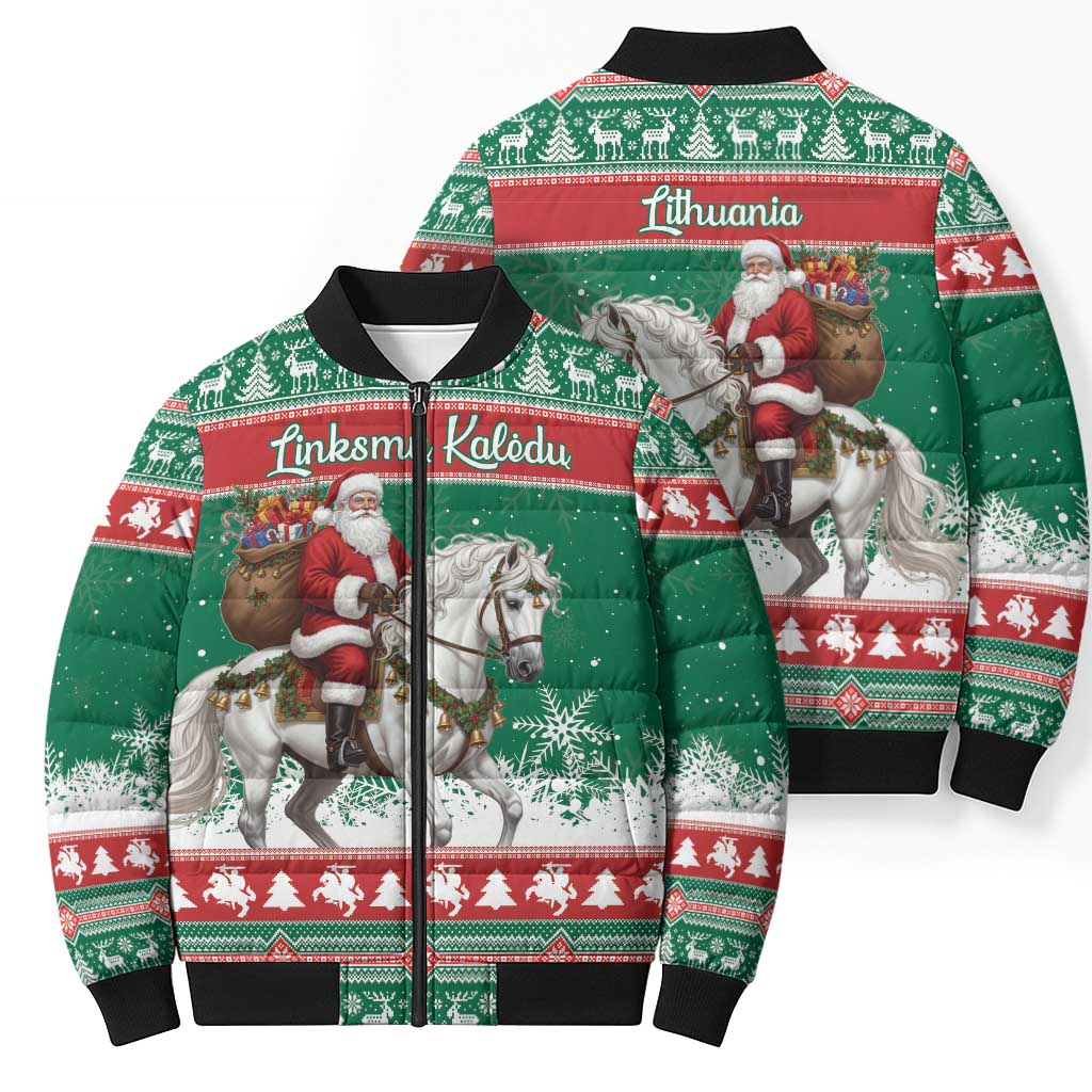 Lithuania Christmas Bomber Puffer Jacket Santa Riding White Horse Linksmu Kaledu - Wonder Print Shop