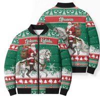 Lithuania Christmas Bomber Puffer Jacket Santa Riding White Horse Linksmu Kaledu - Wonder Print Shop