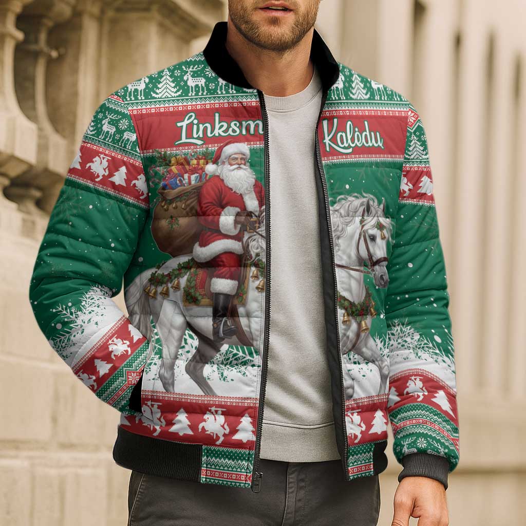 Lithuania Christmas Bomber Puffer Jacket Santa Riding White Horse Linksmu Kaledu - Wonder Print Shop