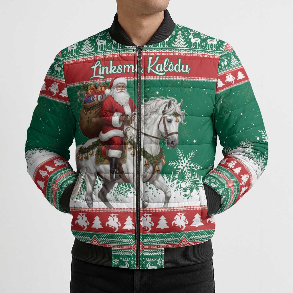 Lithuania Christmas Bomber Puffer Jacket Santa Riding White Horse Linksmu Kaledu - Wonder Print Shop