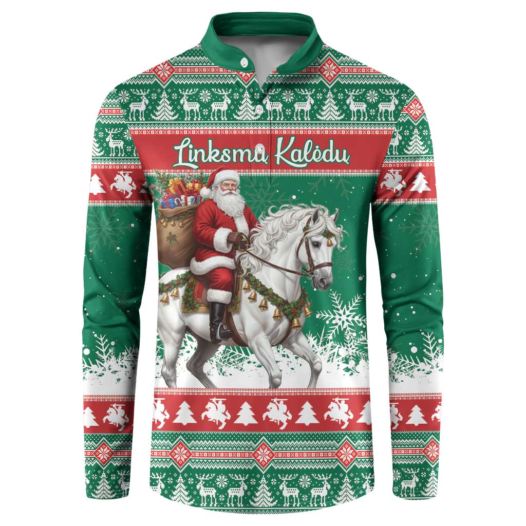 Lithuania Christmas Button Sweatshirt Santa Riding White Horse Linksmu Kaledu - Wonder Print Shop