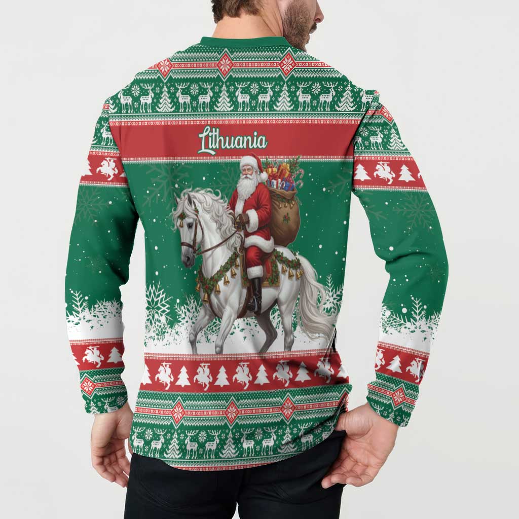 Lithuania Christmas Button Sweatshirt Santa Riding White Horse Linksmu Kaledu - Wonder Print Shop
