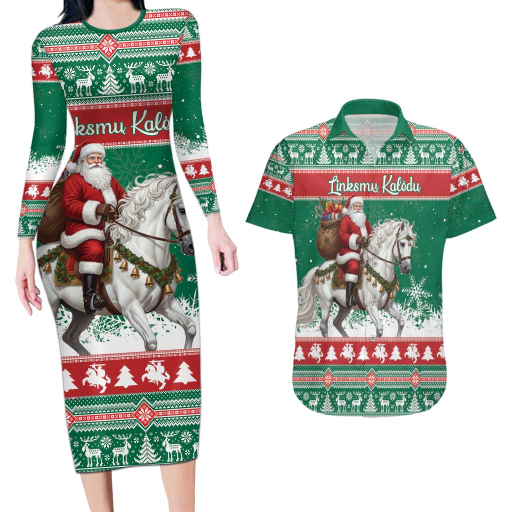 Lithuania Christmas Couples Matching Long Sleeve Bodycon Dress and Hawaiian Shirt Santa Riding White Horse Linksmu Kaledu - Wonder Print Shop