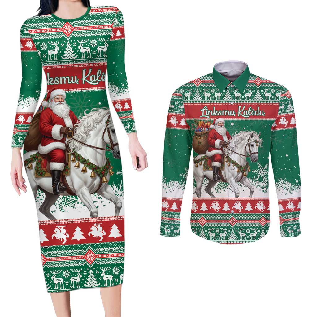 Lithuania Christmas Couples Matching Long Sleeve Bodycon Dress and Long Sleeve Button Shirt Santa Riding White Horse Linksmu Kaledu - Wonder Print Shop