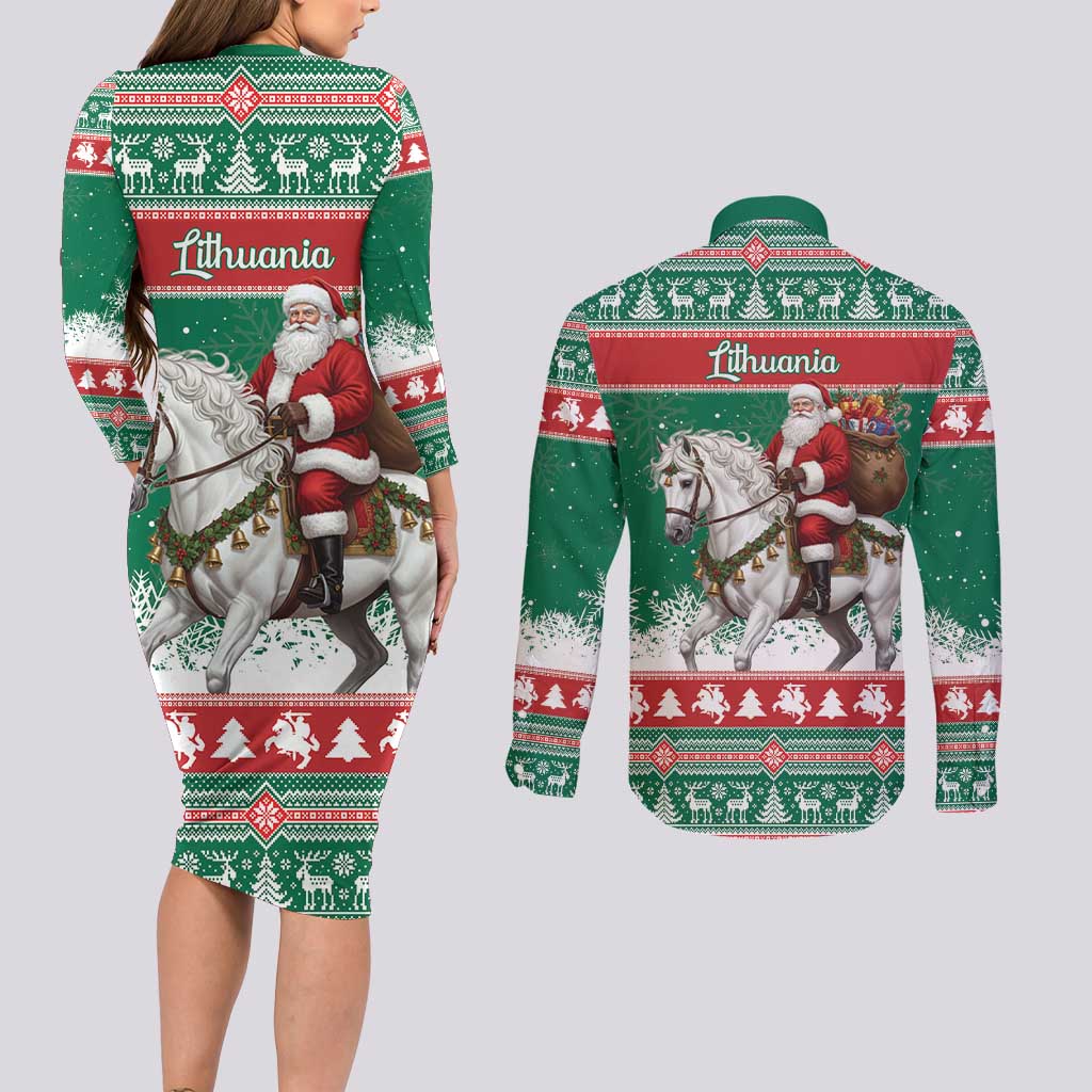 Lithuania Christmas Couples Matching Long Sleeve Bodycon Dress and Long Sleeve Button Shirt Santa Riding White Horse Linksmu Kaledu - Wonder Print Shop
