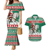 Lithuania Christmas Couples Matching Mermaid Dress and Hawaiian Shirt Santa Riding White Horse Linksmu Kaledu - Wonder Print Shop