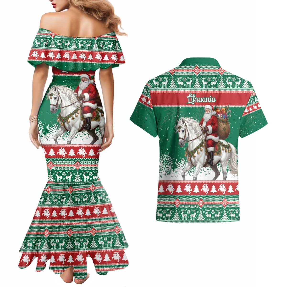 Lithuania Christmas Couples Matching Mermaid Dress and Hawaiian Shirt Santa Riding White Horse Linksmu Kaledu - Wonder Print Shop
