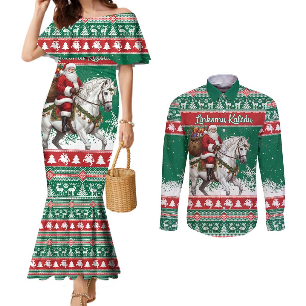 Lithuania Christmas Couples Matching Mermaid Dress and Long Sleeve Button Shirt Santa Riding White Horse Linksmu Kaledu - Wonder Print Shop