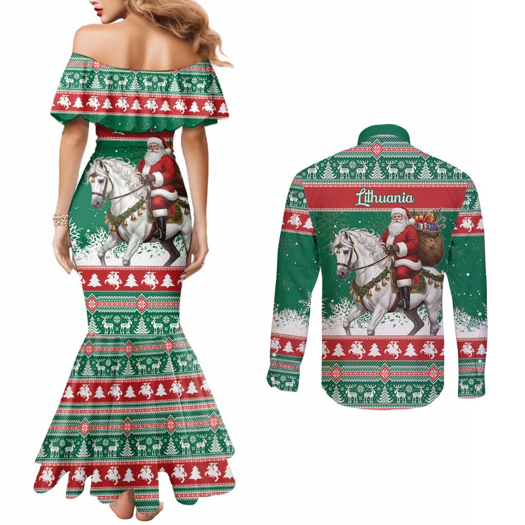 Lithuania Christmas Couples Matching Mermaid Dress and Long Sleeve Button Shirt Santa Riding White Horse Linksmu Kaledu - Wonder Print Shop