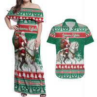 Lithuania Christmas Couples Matching Off Shoulder Maxi Dress and Hawaiian Shirt Santa Riding White Horse Linksmu Kaledu - Wonder Print Shop