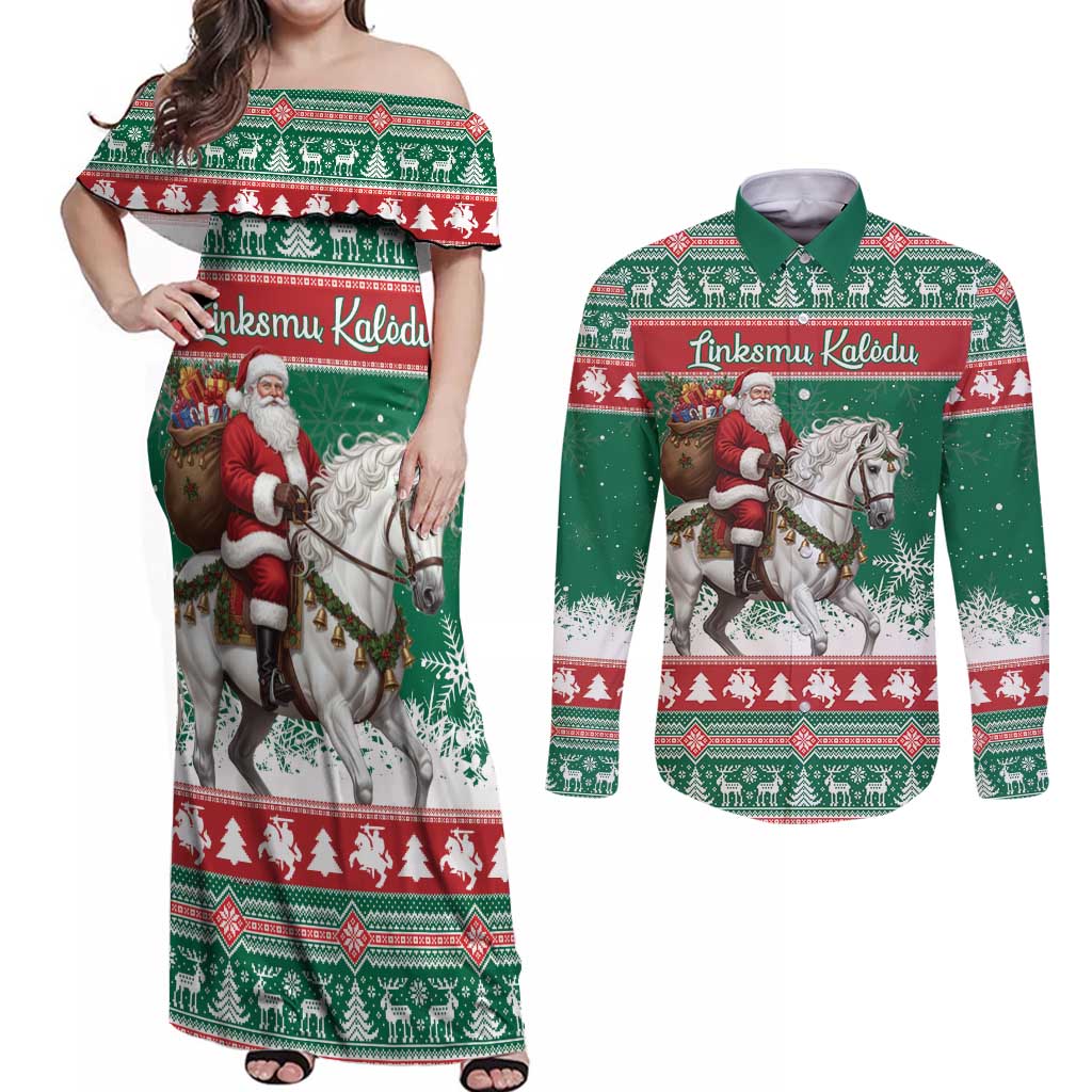 Lithuania Christmas Couples Matching Off Shoulder Maxi Dress and Long Sleeve Button Shirt Santa Riding White Horse Linksmu Kaledu - Wonder Print Shop
