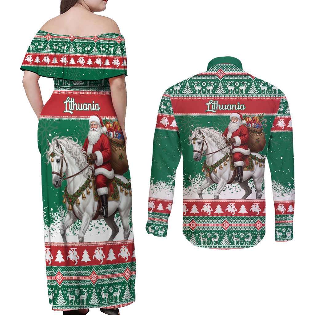 Lithuania Christmas Couples Matching Off Shoulder Maxi Dress and Long Sleeve Button Shirt Santa Riding White Horse Linksmu Kaledu - Wonder Print Shop