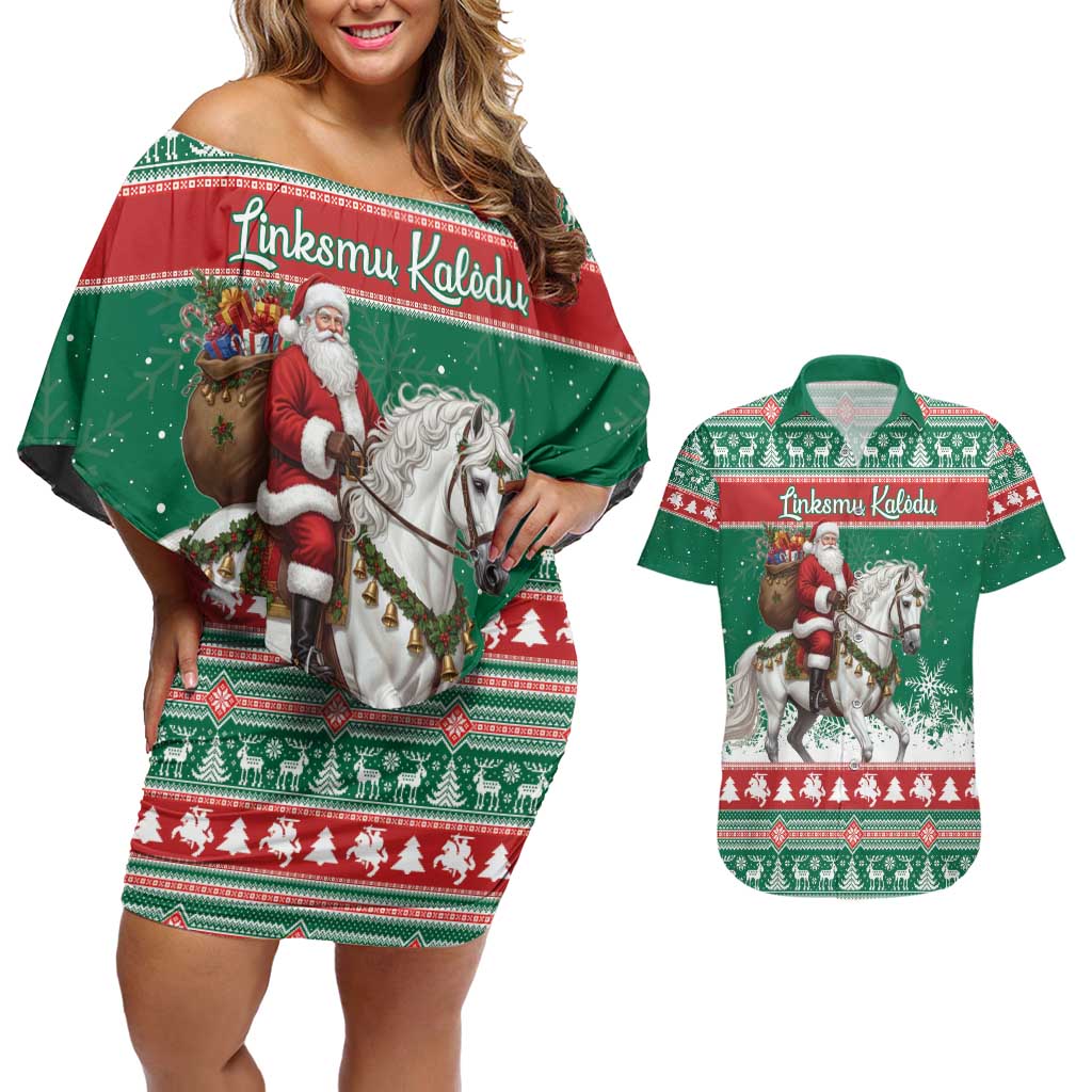 Lithuania Christmas Couples Matching Off Shoulder Short Dress and Hawaiian Shirt Santa Riding White Horse Linksmu Kaledu - Wonder Print Shop