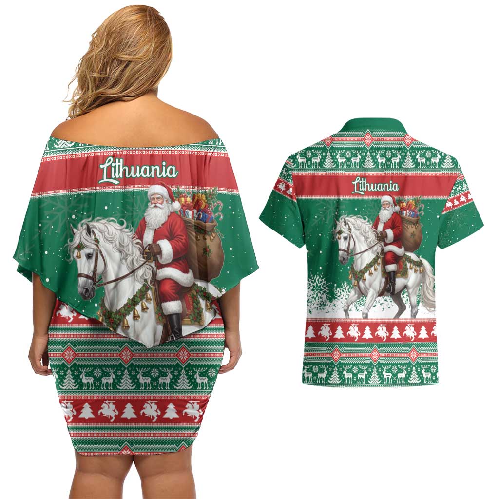Lithuania Christmas Couples Matching Off Shoulder Short Dress and Hawaiian Shirt Santa Riding White Horse Linksmu Kaledu - Wonder Print Shop