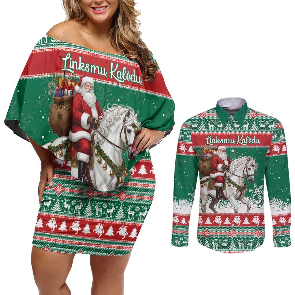 Lithuania Christmas Couples Matching Off Shoulder Short Dress and Long Sleeve Button Shirt Santa Riding White Horse Linksmu Kaledu - Wonder Print Shop