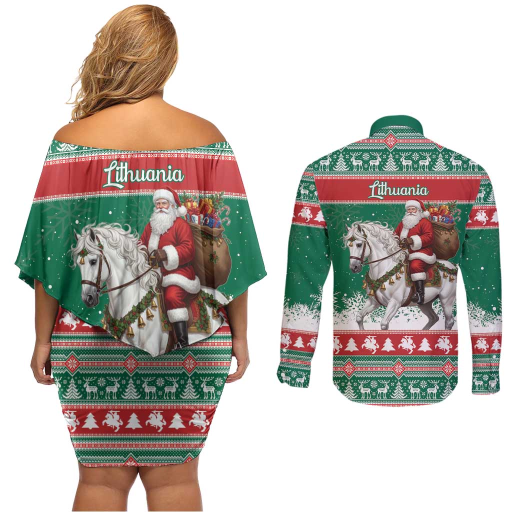 Lithuania Christmas Couples Matching Off Shoulder Short Dress and Long Sleeve Button Shirt Santa Riding White Horse Linksmu Kaledu - Wonder Print Shop