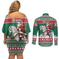 Lithuania Christmas Couples Matching Off Shoulder Short Dress and Long Sleeve Button Shirt Santa Riding White Horse Linksmu Kaledu - Wonder Print Shop