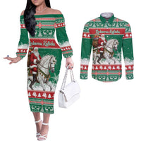 Lithuania Christmas Couples Matching Off The Shoulder Long Sleeve Dress and Long Sleeve Button Shirt Santa Riding White Horse Linksmu Kaledu - Wonder Print Shop