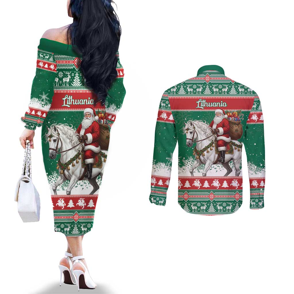 Lithuania Christmas Couples Matching Off The Shoulder Long Sleeve Dress and Long Sleeve Button Shirt Santa Riding White Horse Linksmu Kaledu - Wonder Print Shop