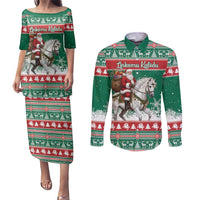 Lithuania Christmas Couples Matching Puletasi and Long Sleeve Button Shirt Santa Riding White Horse Linksmu Kaledu - Wonder Print Shop