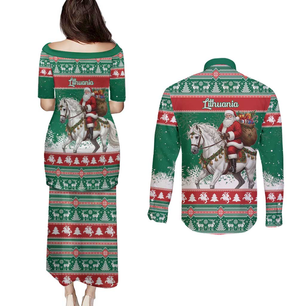 Lithuania Christmas Couples Matching Puletasi and Long Sleeve Button Shirt Santa Riding White Horse Linksmu Kaledu - Wonder Print Shop